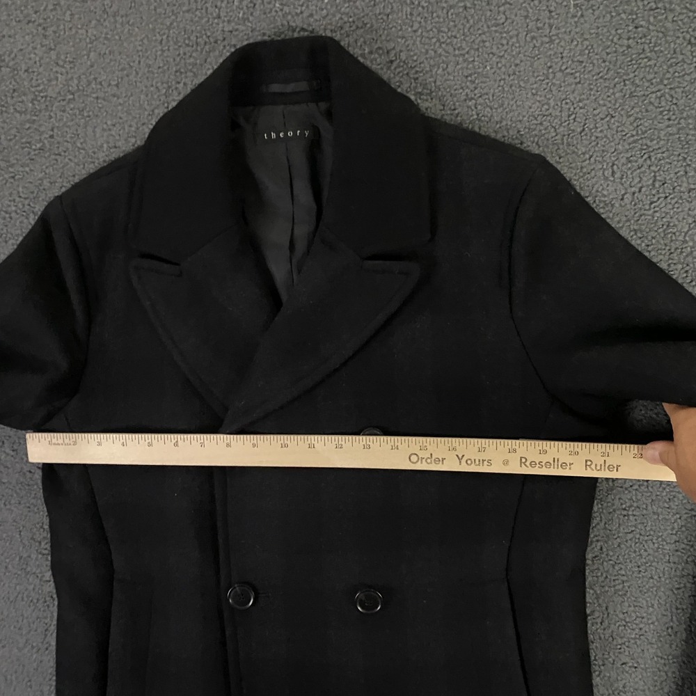 Theory Pea Coat Mens Small Black Plaid Double Breasted Wool Navy Naval Dock - Picture 8 of 12